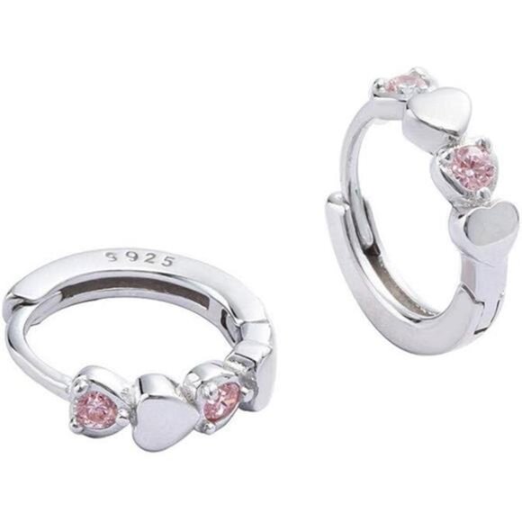 Double Love Heart Cubic Zirconia Small Hoop Earrings for Women Girls - Picture 1 of 7